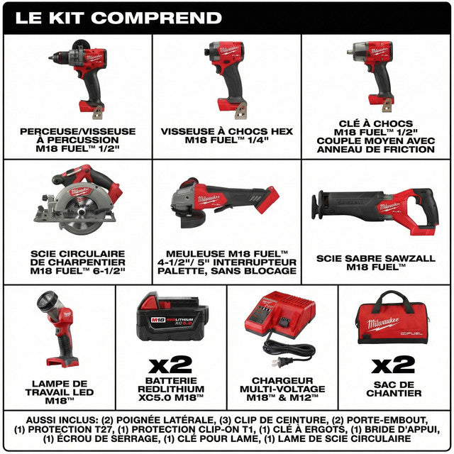 Milwaukee® Power Combo 7 Outils Sans Fil + 2 Batteries 5.0Ah + Chargeur + 2 Sacs