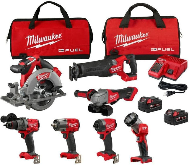 Milwaukee® Power Combo 7 Outils Sans Fil + 2 Batteries 5.0Ah + Chargeur + 2 Sacs